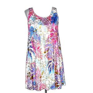 Shoreline Purple Pink Tropical Leaf Print Gold Foil Details Sleeveless Dress